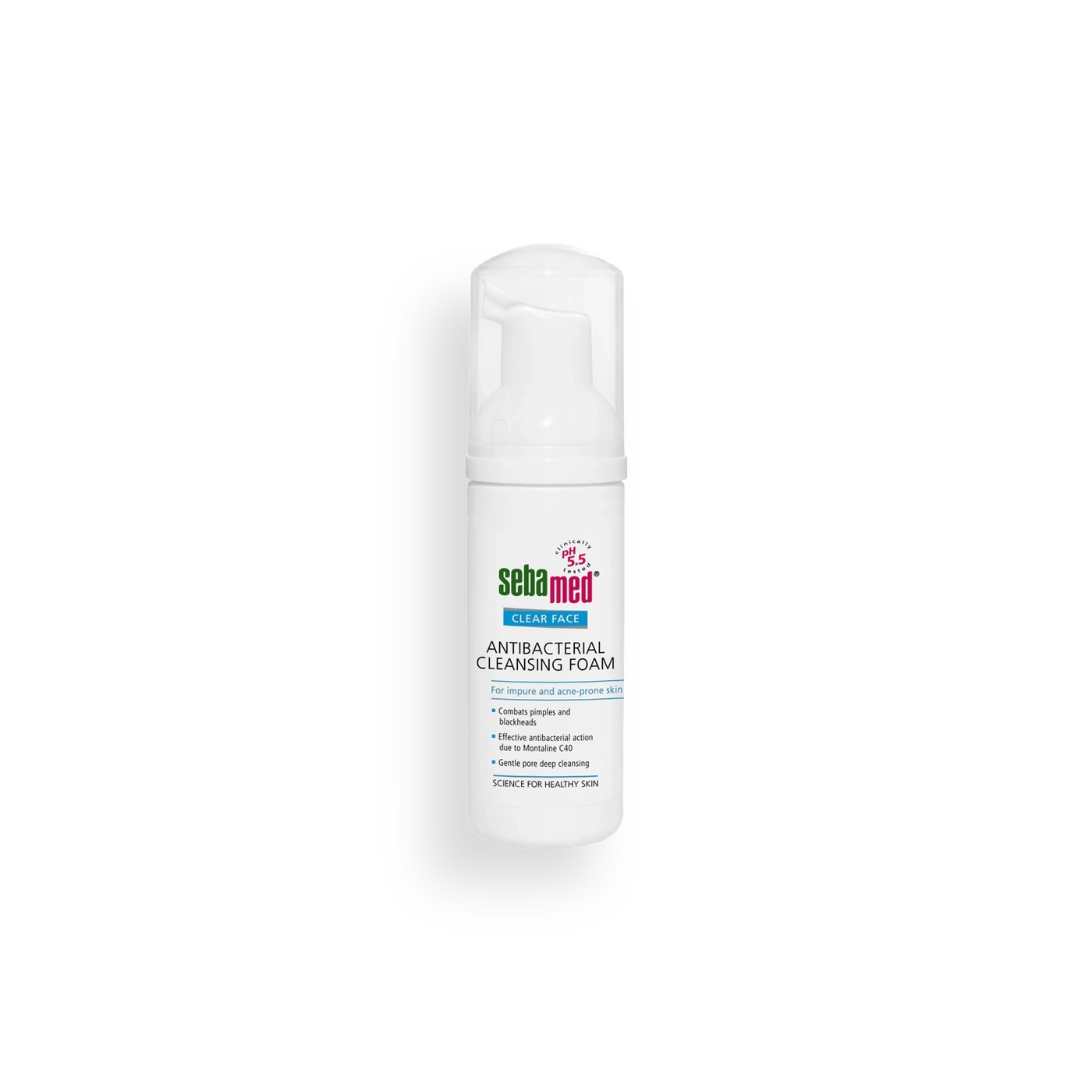 Sebamed Clear Face Antibacterial Cleansing Foam for impure and acne-prone skin, white bottle.
