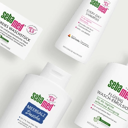 Productos Sebamed: pastilla de lavado, champú, ducha de sal marina y emulsión de lavado