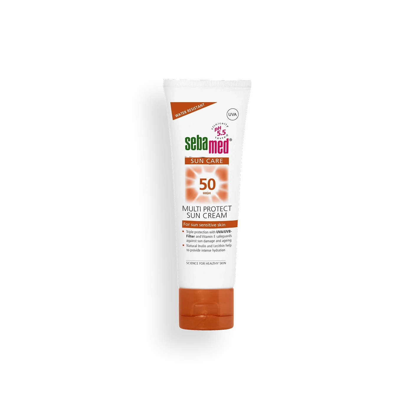 Sebamed sunscreen, water resistant, with UVA/UVB filter and Vitamin E for sensitive skin.