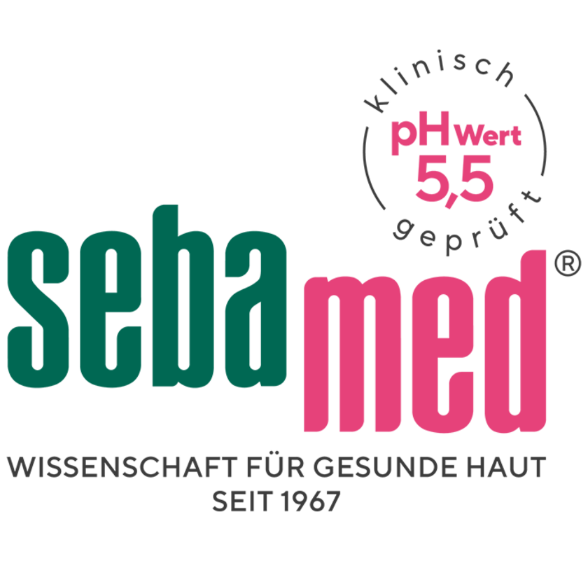 Logo featuring green and pink elements on a gray background.