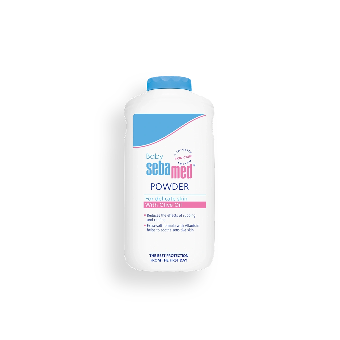 Sebamed baby powder for delicate skin with olive oil, protects against rubbing and irritation.