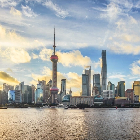 Shanghai skyline with the Oriental Pearl Tower on the riverbank