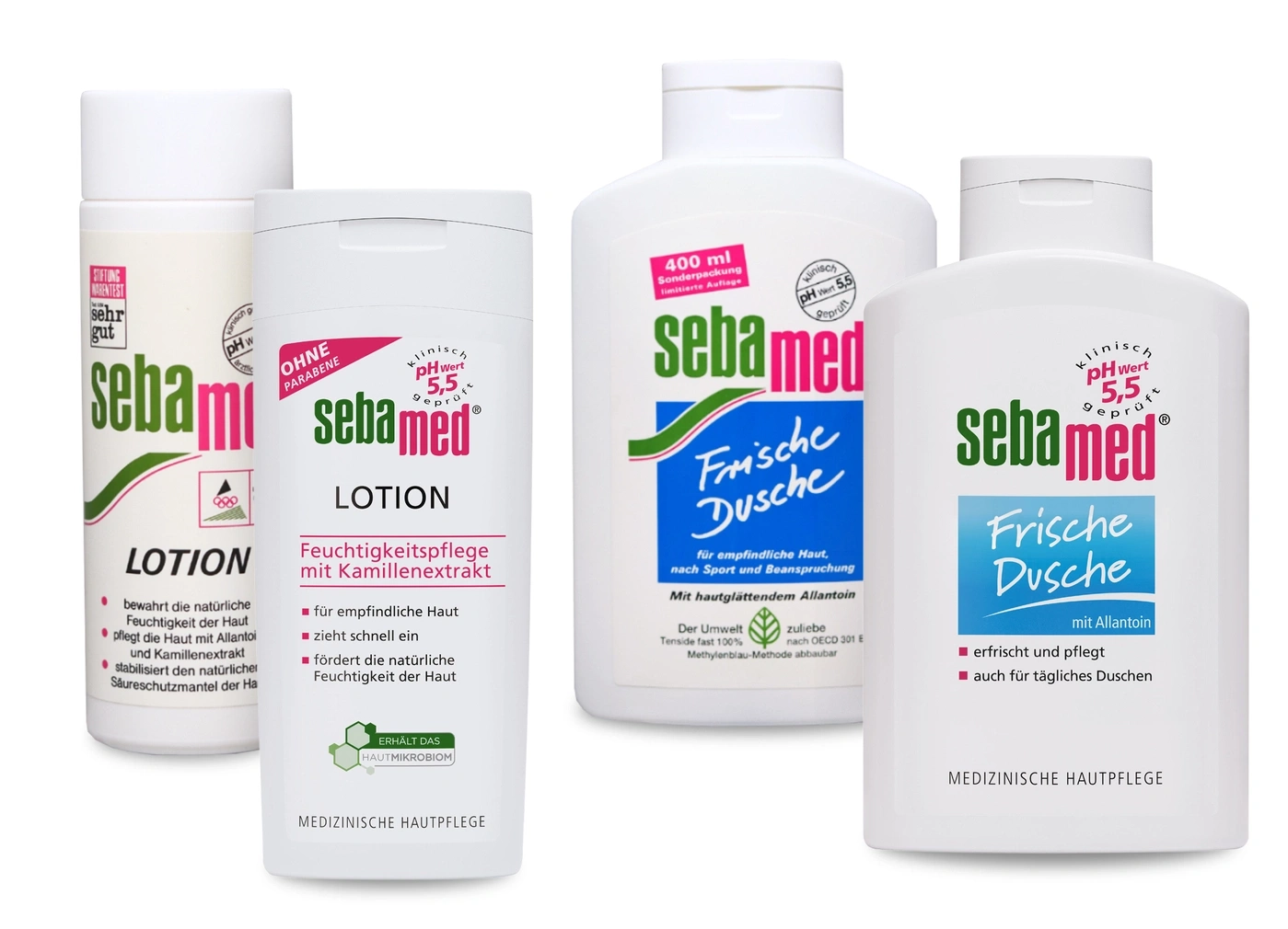 Sebamed products: Lotion, Fresh Shower, skincare for sensitive skin, all with pH 5.5.