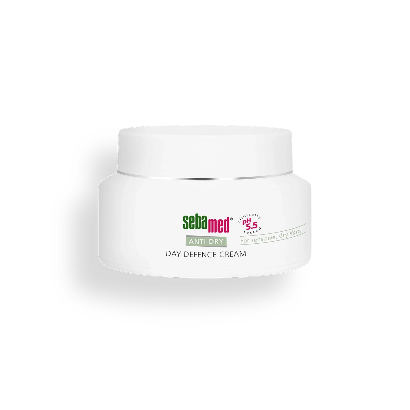 A white jar of Sebamed Day Defence Cream, specifically for sensitive, dry skin types.