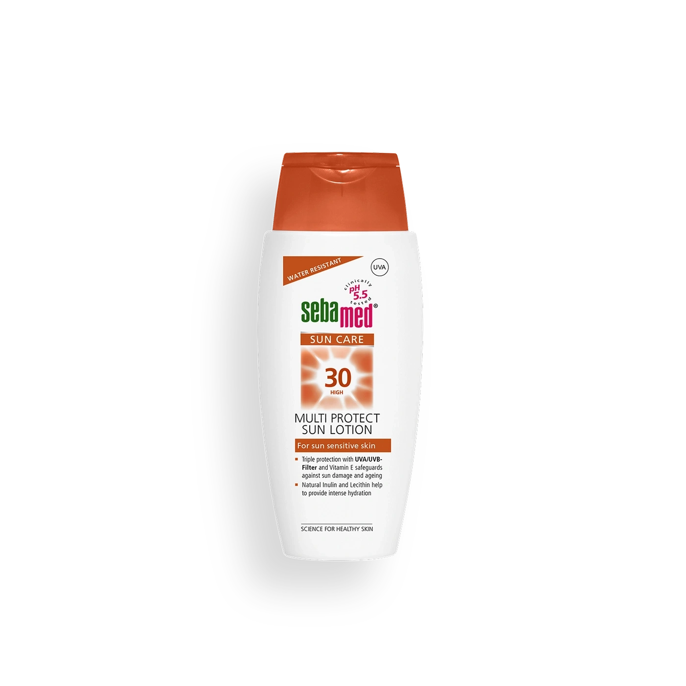 Sunscreen bottle labeled 'Multi Protect Sun Lotion' for sensitive skin, water resistant and UVA protection.