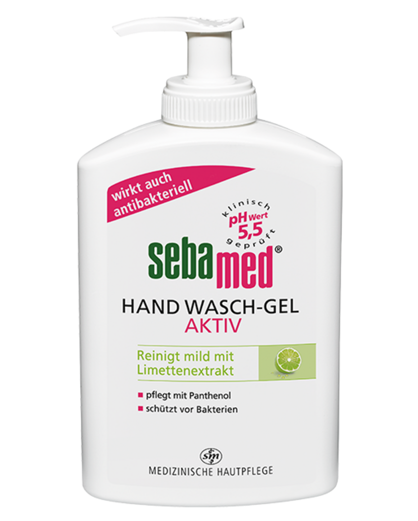 Sebamed hand wash gel active, antibacterial, pH 5.5, with lime extract, Panthenol.