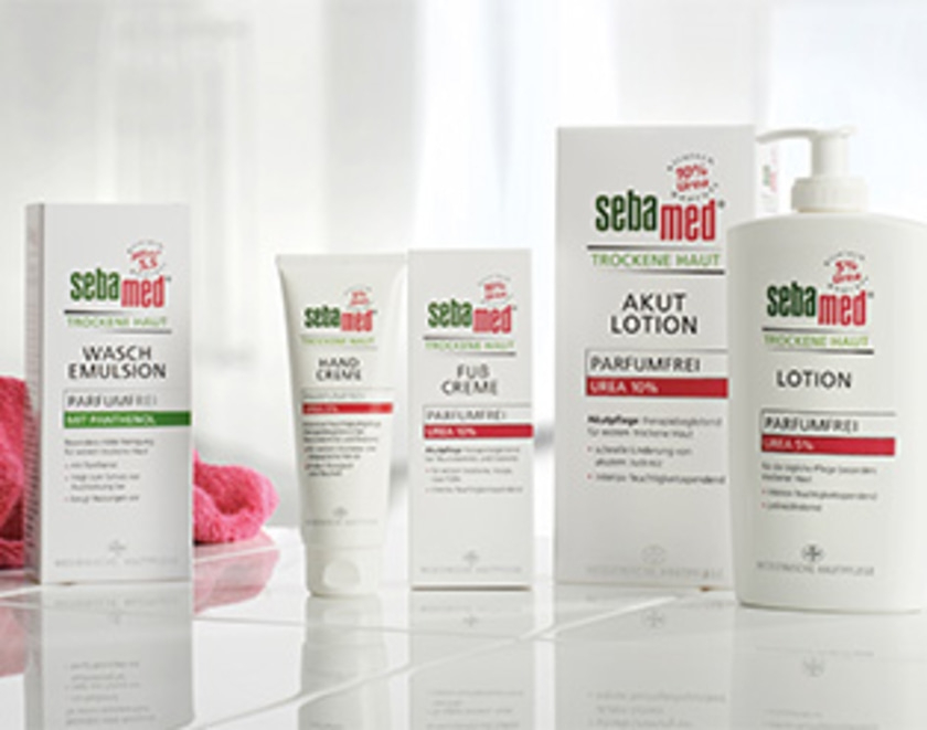 Sebamed products for dry skin: Wash emulsion, hand cream, foot cream, Akut lotion, lotion.