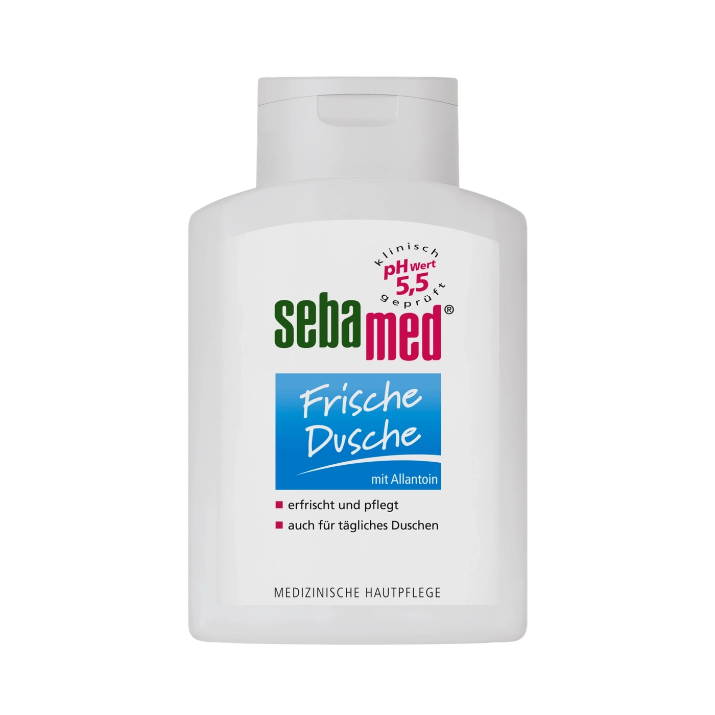 A white bottle of Sebamed shower gel with the words 'Frische Dusche' and 'mit Allantoin' on it.