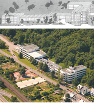 Architectural rendering and aerial view of a building complex in a green environment.