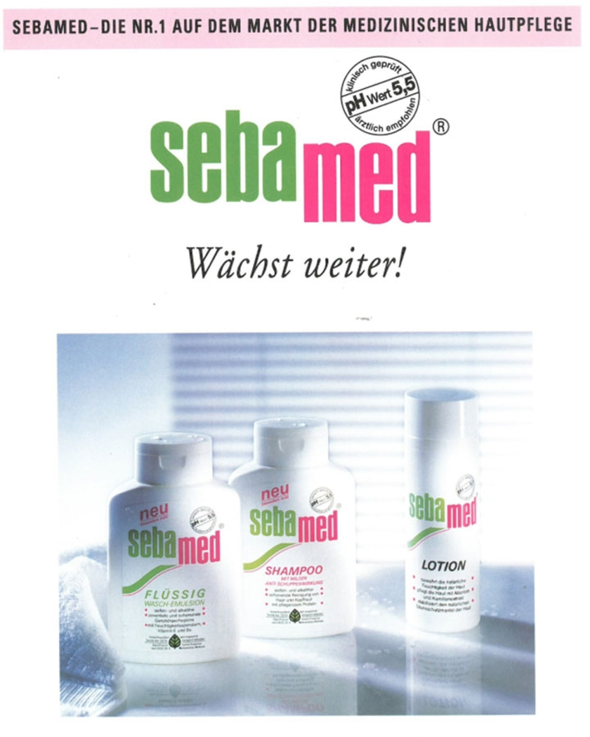Sebamed advertisement with skincare products, shampoo and lotion.