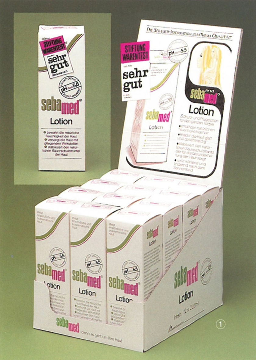 Sebamed Lotion display with 'very good' rating and pH 5.5.