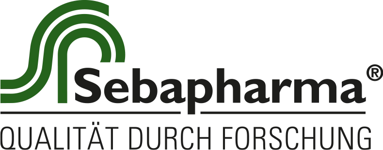 Logotipo de Sebapharma con diseño verde y el lema 'Calidad a través de la investigación'.