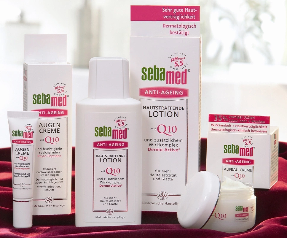 Productos Sebamed Anti-Edad: crema para ojos, loción y crema reconstructora con Q10.
