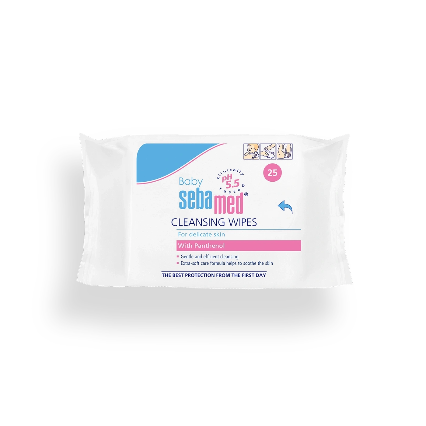 Sebamed Baby cleansing wipes for delicate skin with Panthenol, 25 count package.