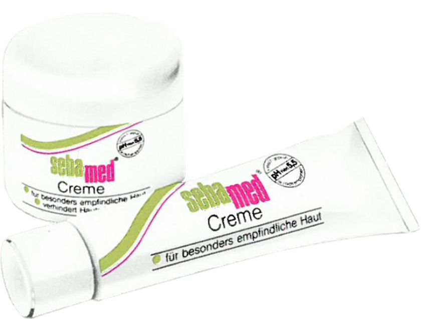Sebamed Cream for sensitive skin, two products, white, green, pink.