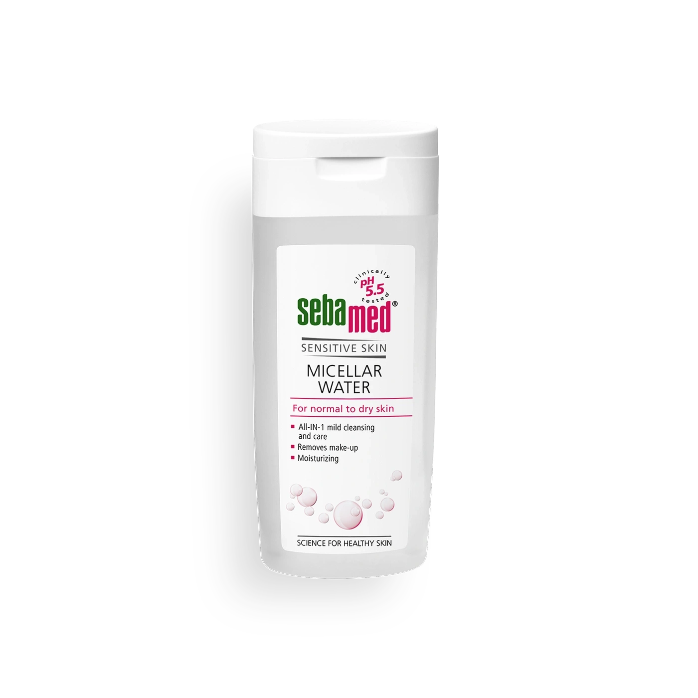 Agua micelar Sebamed para pieles sensibles, limpia suavemente y elimina el maquillaje.