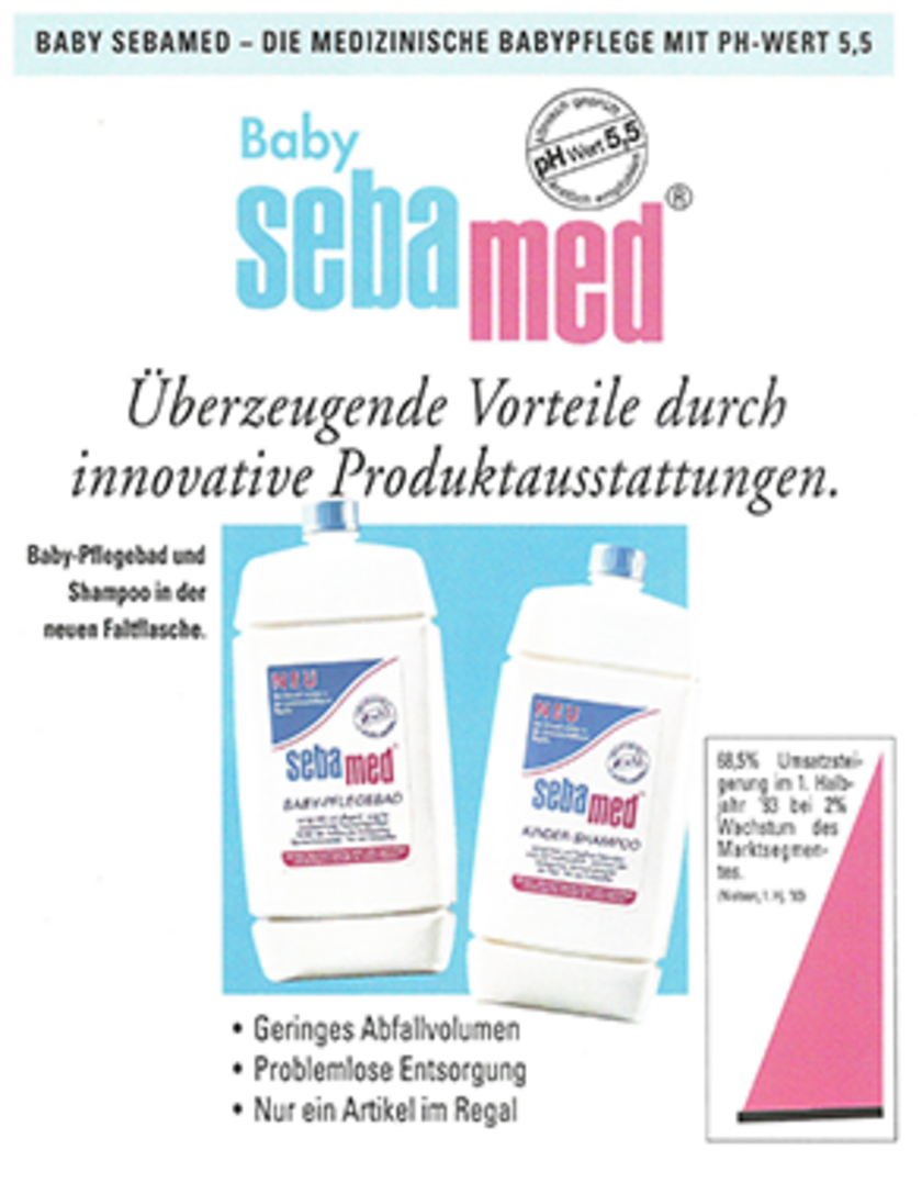 Advertisement for Baby Sebamed products, showing bottles and text about benefits.