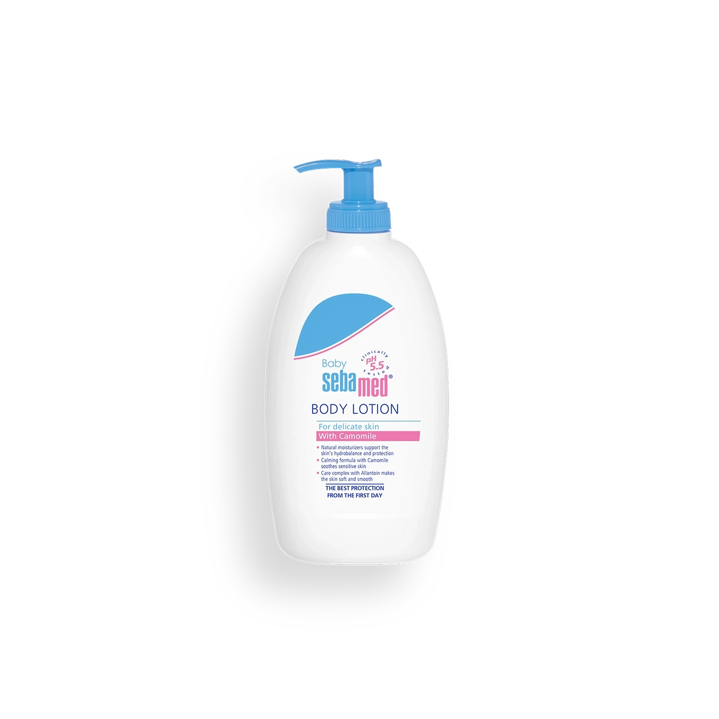 Sebamed Baby Body Lotion, white bottle with blue pump, for delicate skin with camomile.