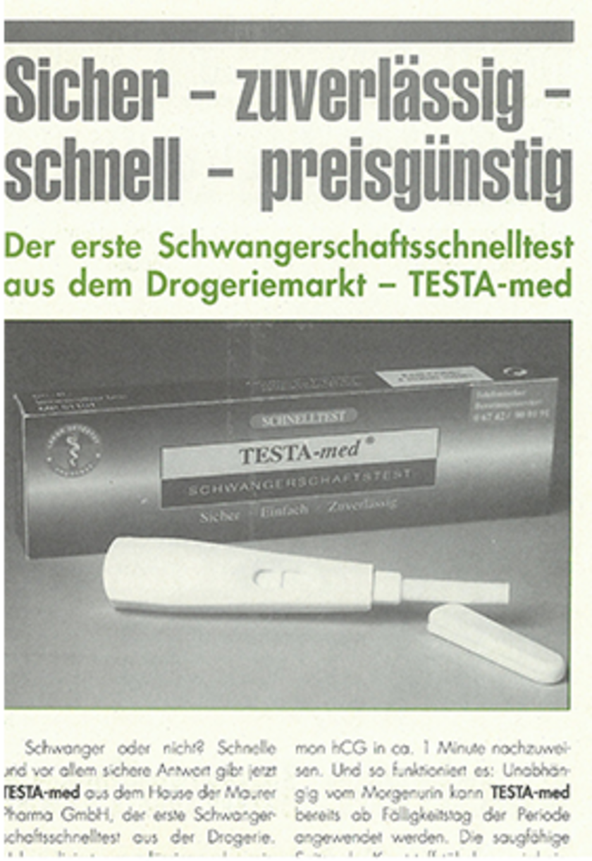 Advertisement for TESTA-med pregnancy test: safe, fast, reliable, affordable.