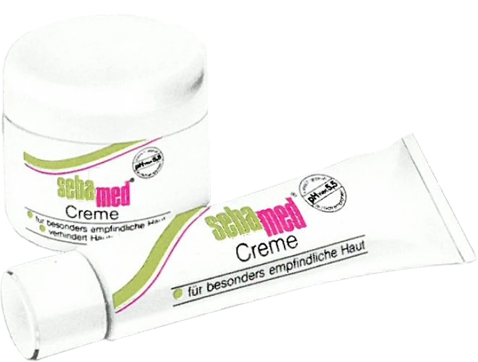 Crema Sebamed para pieles sensibles, dos productos, blanco, verde, rosa.
