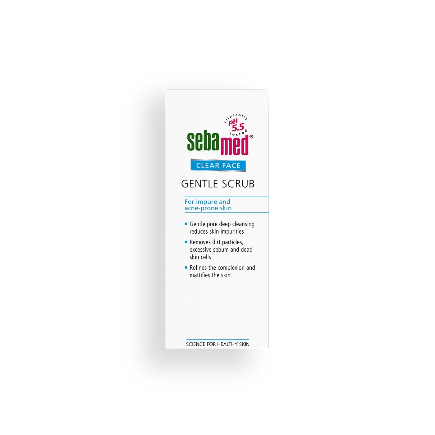 Sebamed Clear Face Gentle Scrub for impure and acne-prone skin, pH 5.5 tested.