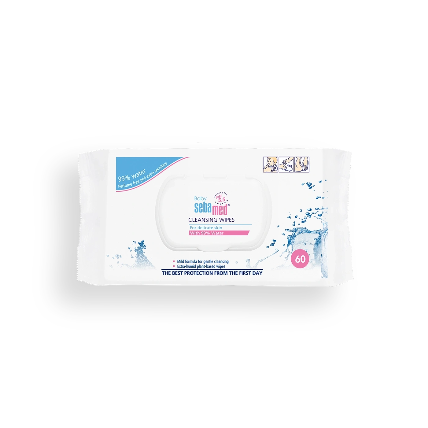 Sebamed Baby Cleansing Wipes, 99% water, perfume-free, for delicate skin, 60 wipes per pack.