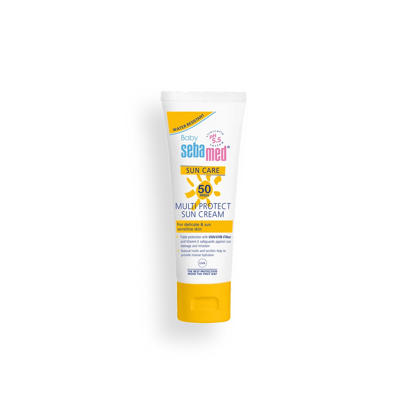 Protector solar Sebamed Baby, resistente al agua, SPF 50, para pieles delicadas y sensibles.