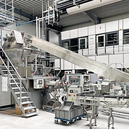Factory with conveyor belt and production equipment in a hall