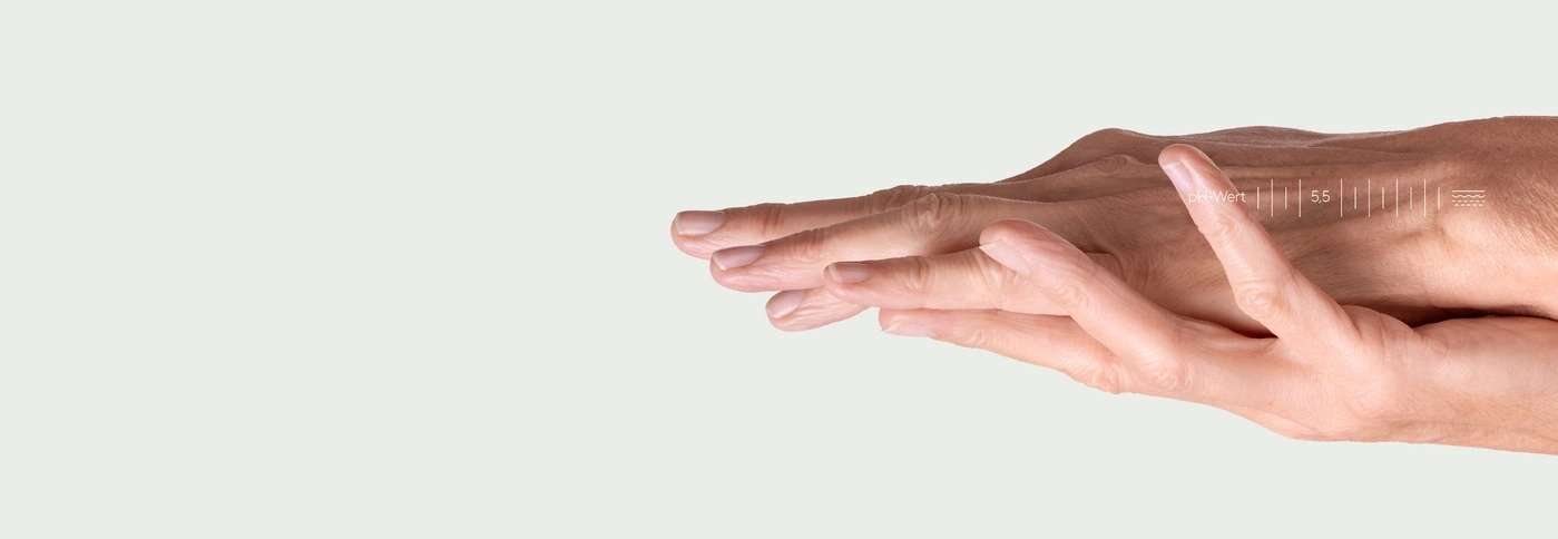 Hands with pH value indicator, skincare concept, health and beauty