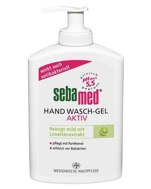 Sebamed gel de lavado de manos activo, antibacteriano, pH 5.5, con extracto de lima, Panthenol.