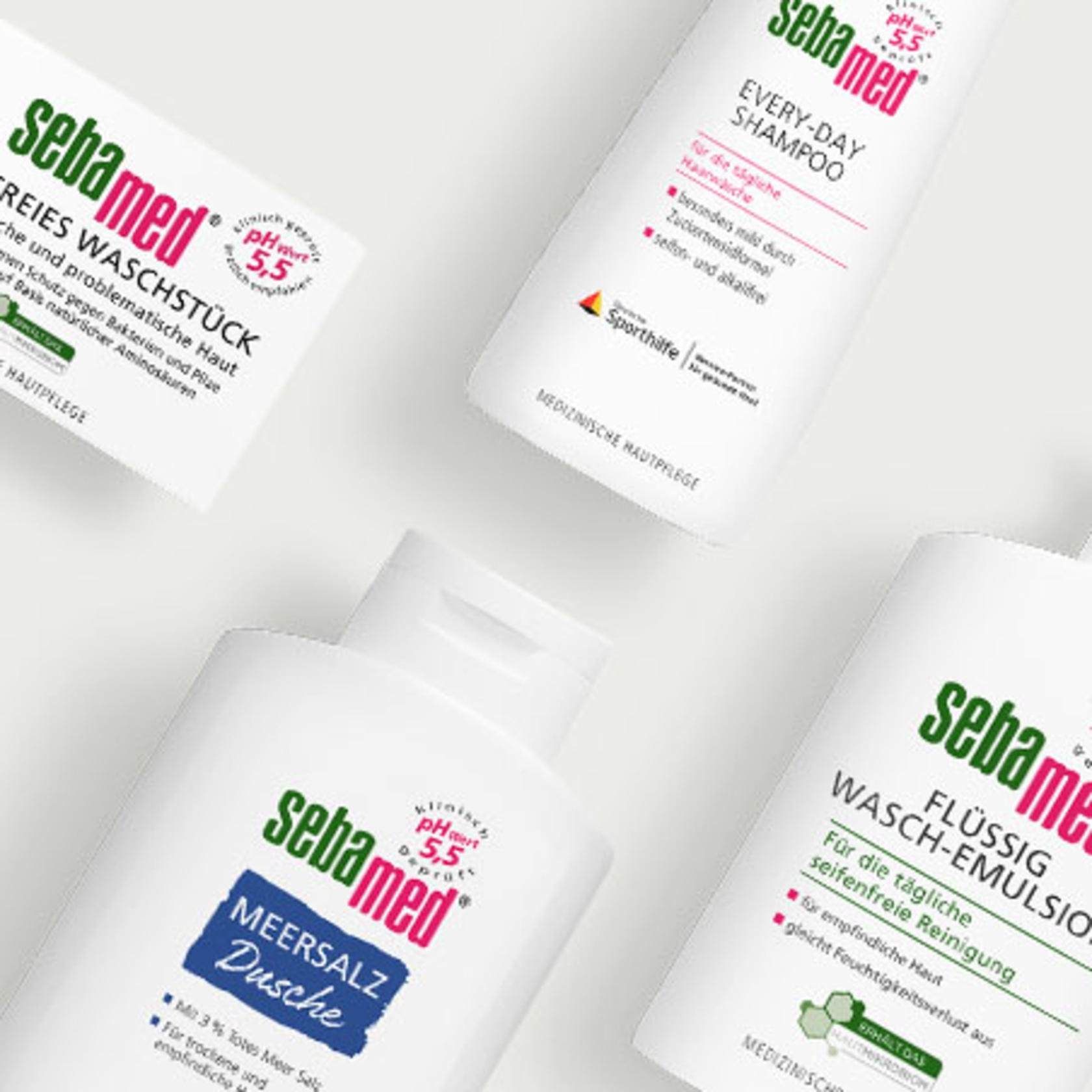 Sebamed products: washing bar, shampoo, sea salt shower, and washing emulsion