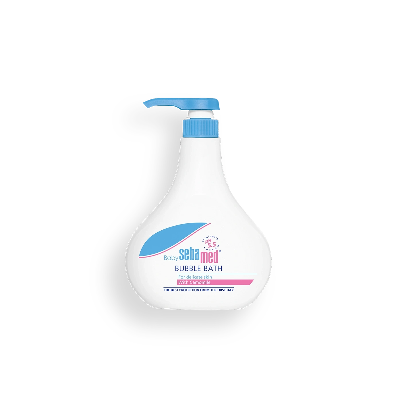 A bottle of Sebamed Baby Bubble Bath with a blue pump and pink text on the label.