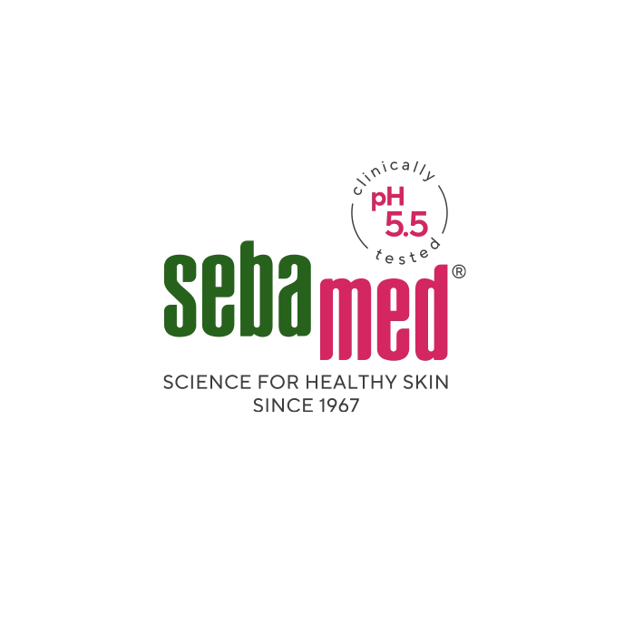 Sebamed logo with pH 5.5, clinically tested, for healthy skin since 1967.