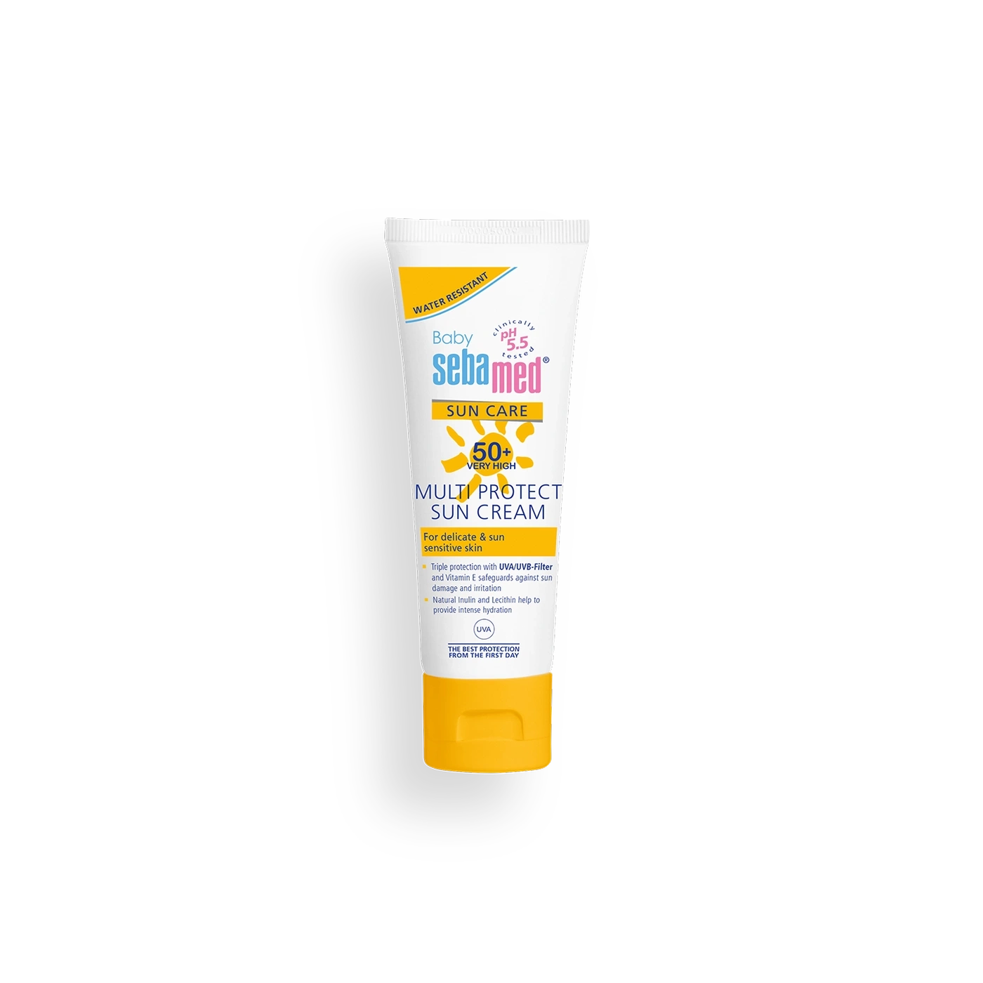Crema solar Sebamed Baby, resistente al agua, con filtro UVA/UVB y vitamina E, para pieles sensibles.