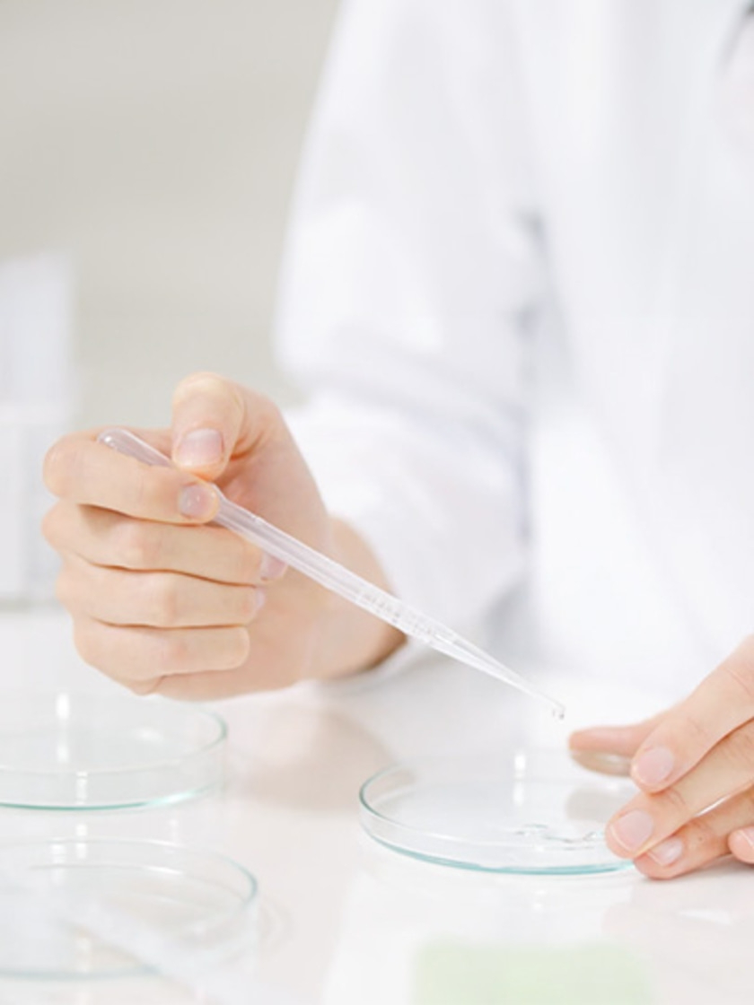 Eine Person, die mit einer Pipette in einem Labor arbeitet, um Flüssigkeit zu dosieren.