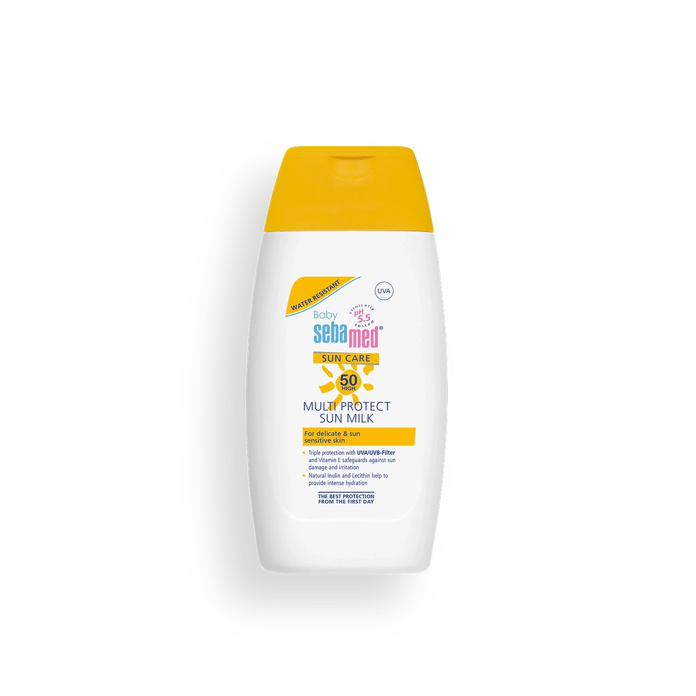 Botella de leche solar para bebés con alto factor de protección solar y protección UVA.