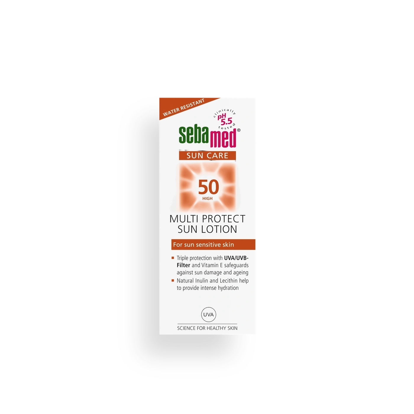 Sebamed sunscreen with SPF 50, water resistant, for sensitive skin protection.