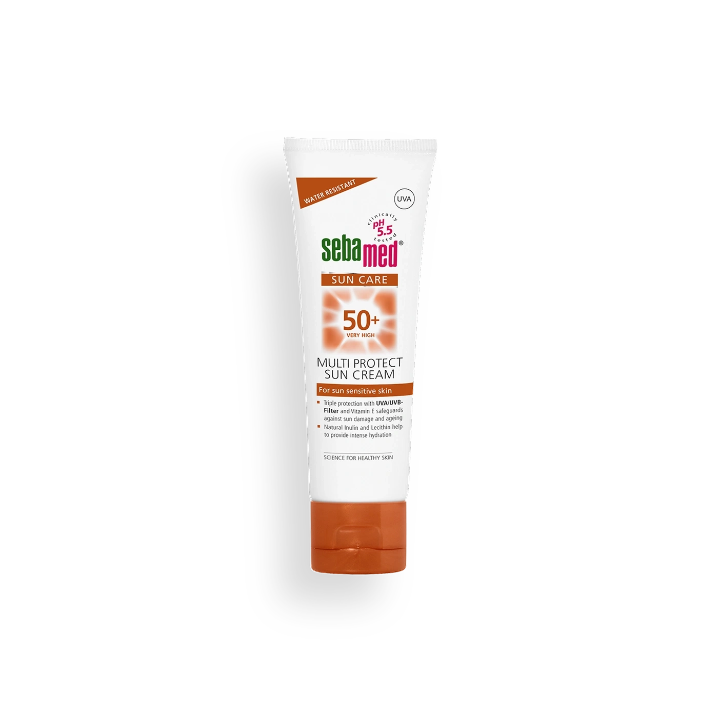 Sebamed sunscreen tube with the words 'Multi Protect Sun Cream' and '50+' visible on it.