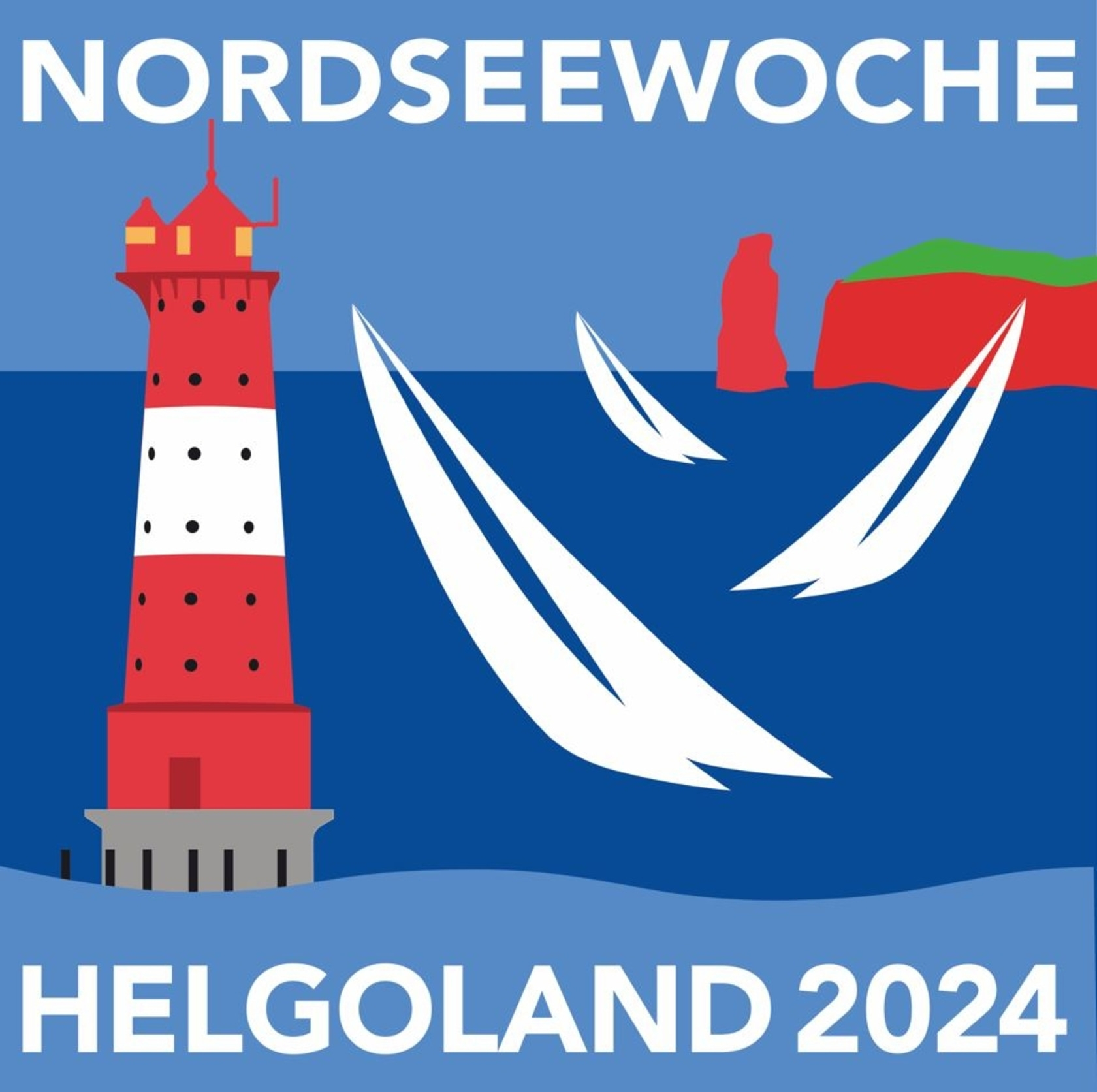 North Sea Week Helgoland 2024: lighthouse, sailboats, coast, sea, blue, red, white.