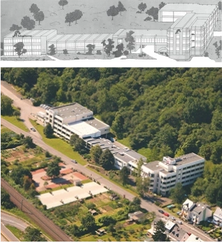 Representación arquitectónica y vista aérea de un complejo de edificios en un entorno verde.